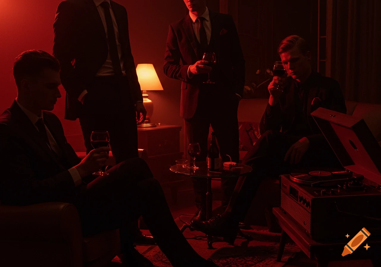 Men in black suits drink red wine in a dimly lit room with a strong red ambient light, a lamp, and a record player.