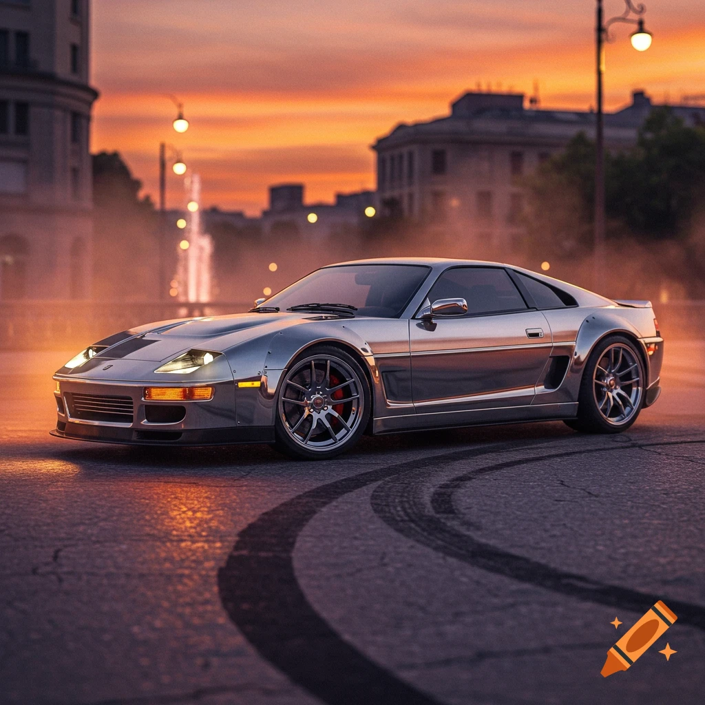 A sleek silver sports car with headlights illuminated, parked on a city street with tire marks at sunset.