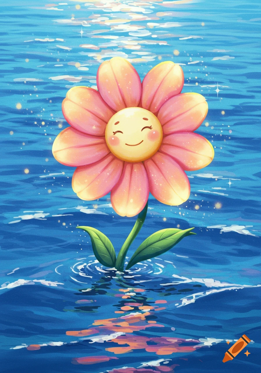 A cute, cartoon-style pink and yellow flower with a smiling face floats in shimmering blue water, reflecting sunlight.