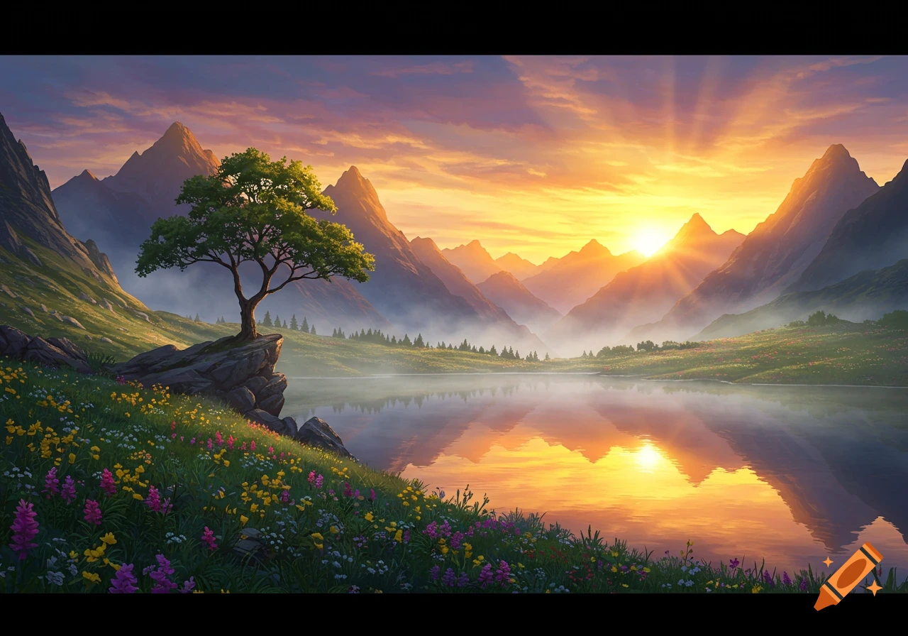 Vibrant mountain landscape at sunset with a lone tree on a rocky outcrop overlooking a reflective lake, digital art.