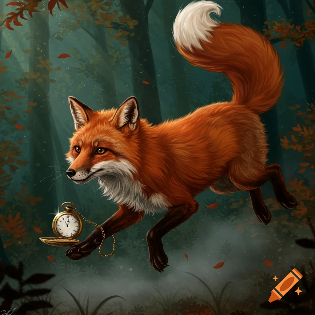 An illustrative red fox with a white-tipped tail leaps through a dark forest, holding a golden pocket watch in its paw.