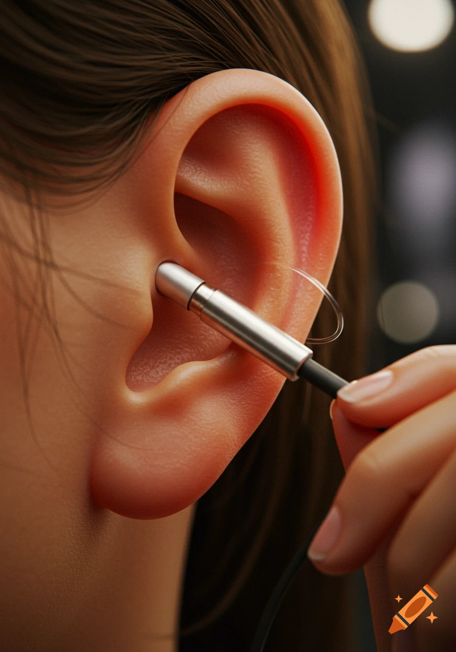 Close-up of a person's ear as a hand inserts a silver headphone jack into it.