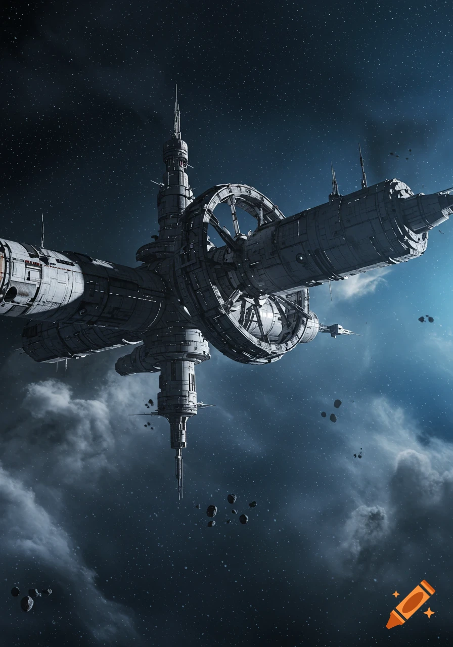 Detailed abandoned space station with a cylindrical mechanism floating amidst nebulae and asteroids in deep space.