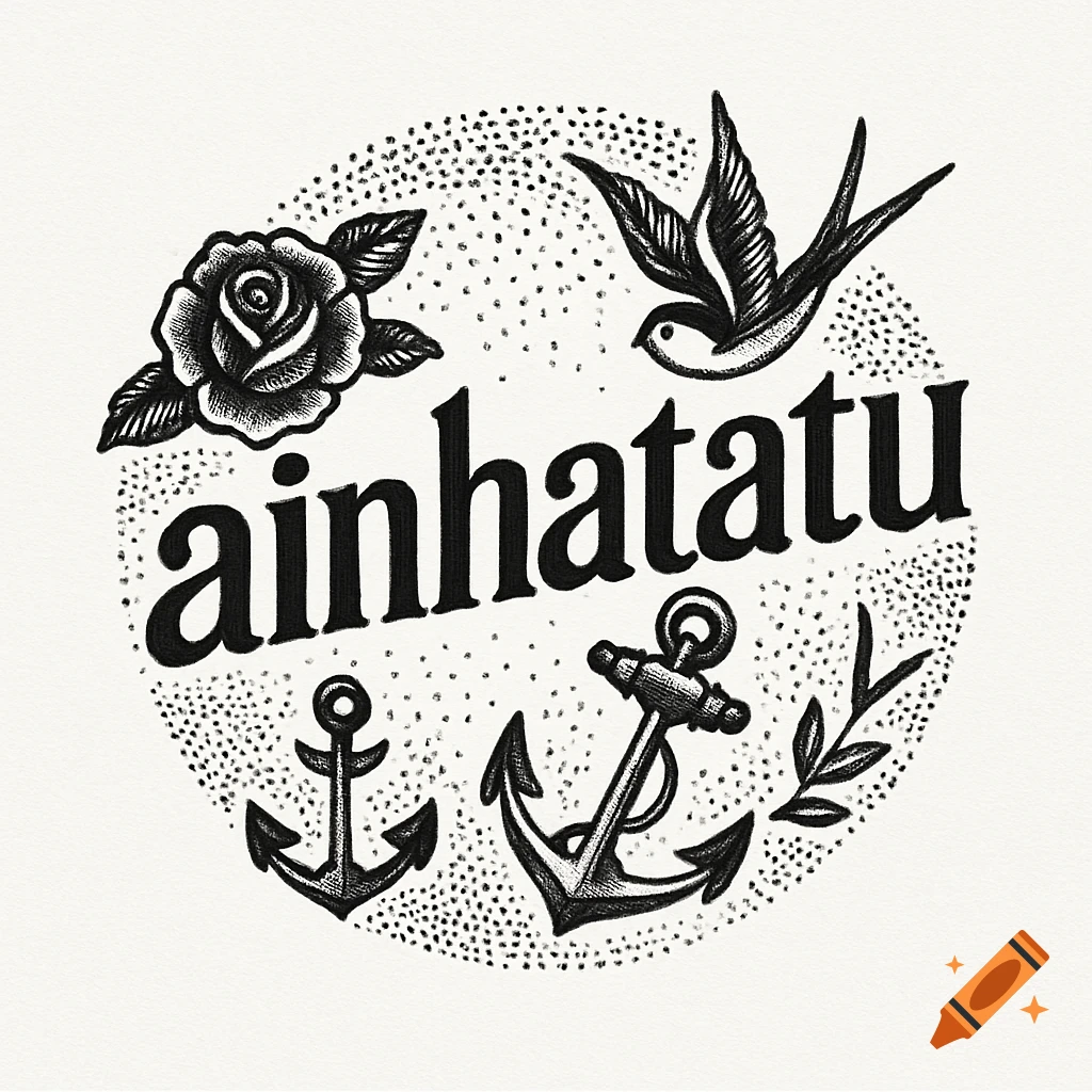 Black and white circular logo in old school tattoo style with a rose, swallow, two anchors, and 'ainhatatu' text, featuring dotwork.