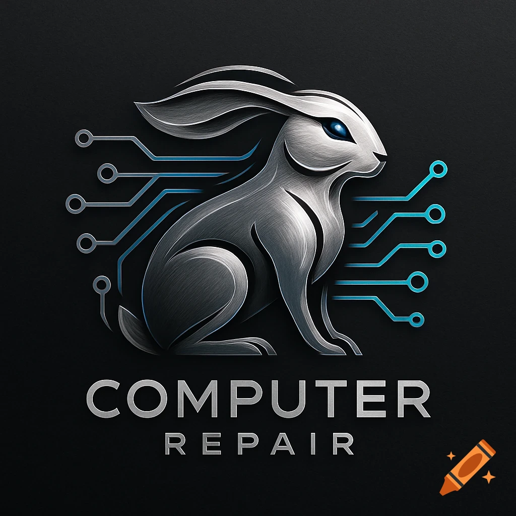 Sleek metallic rabbit logo with blue circuit board lines and text 'COMPUTER REPAIR' on a dark background.