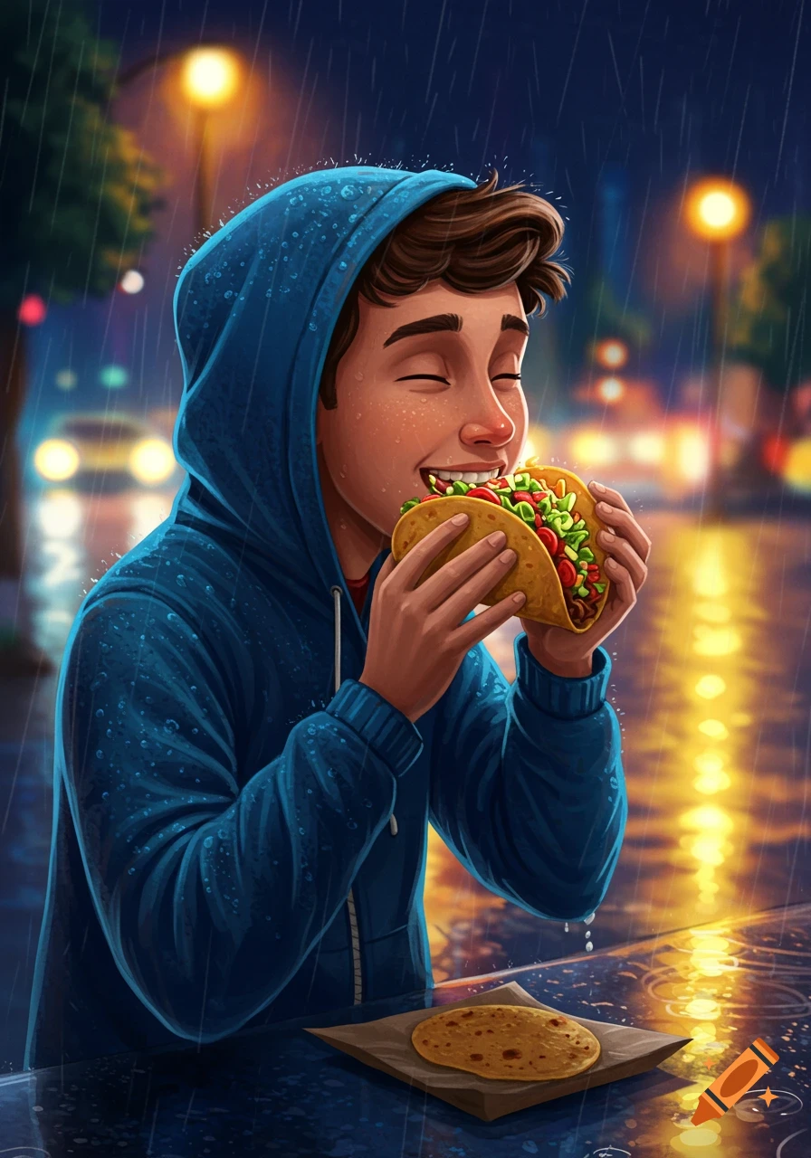 A young man in a blue hoodie happily eats a taco in the rain on a street at night, with glowing reflections.