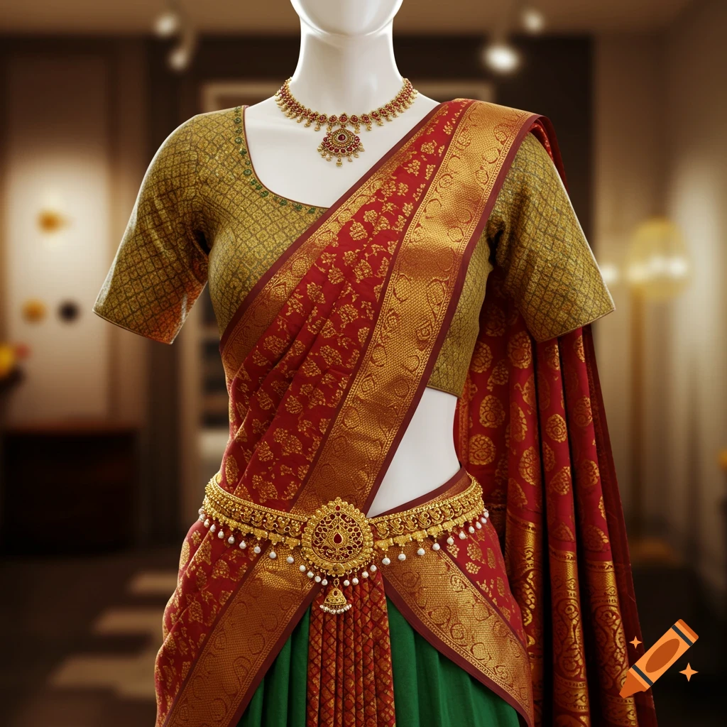 Mannequin wearing a red and gold patterned sari with an olive green blouse, ornate gold waist belt, and matching necklace.