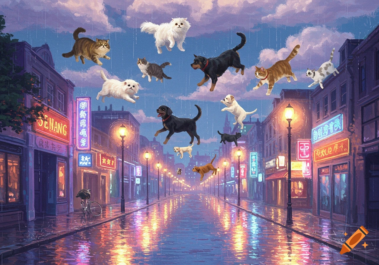 Cats and dogs float down a rainy, neon-lit city street at dusk, reflecting in puddles.