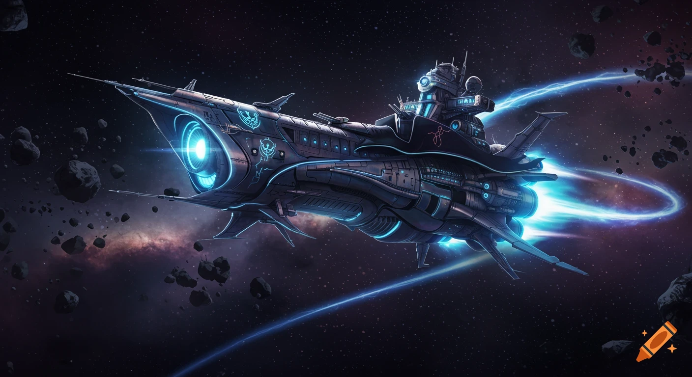 Detailed dark gray futuristic spaceship with glowing blue accents flying through an asteroid field with a galaxy background.