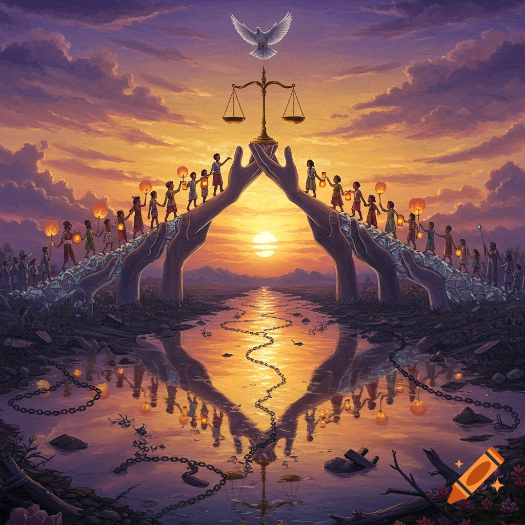 Symbolic painting: Children with lanterns walk on a bridge of hands under a dove and scales, with chains dissolving in water at sunset.