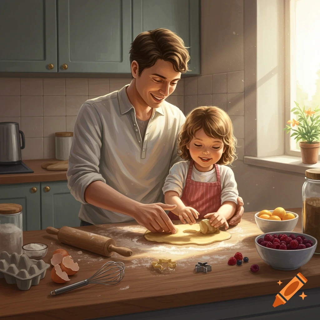 A father and his young child happily bake cookies together in a sunlit kitchen, rolling out dough on a wooden counter.