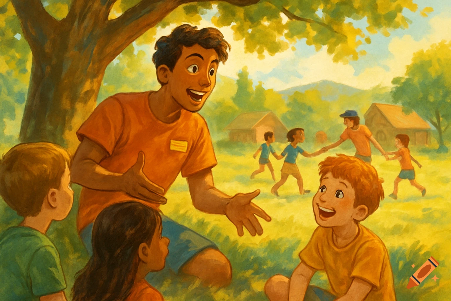 A vibrant illustration of an adult talking to three children at a summer camp, with other children playing in the background. Painted style.