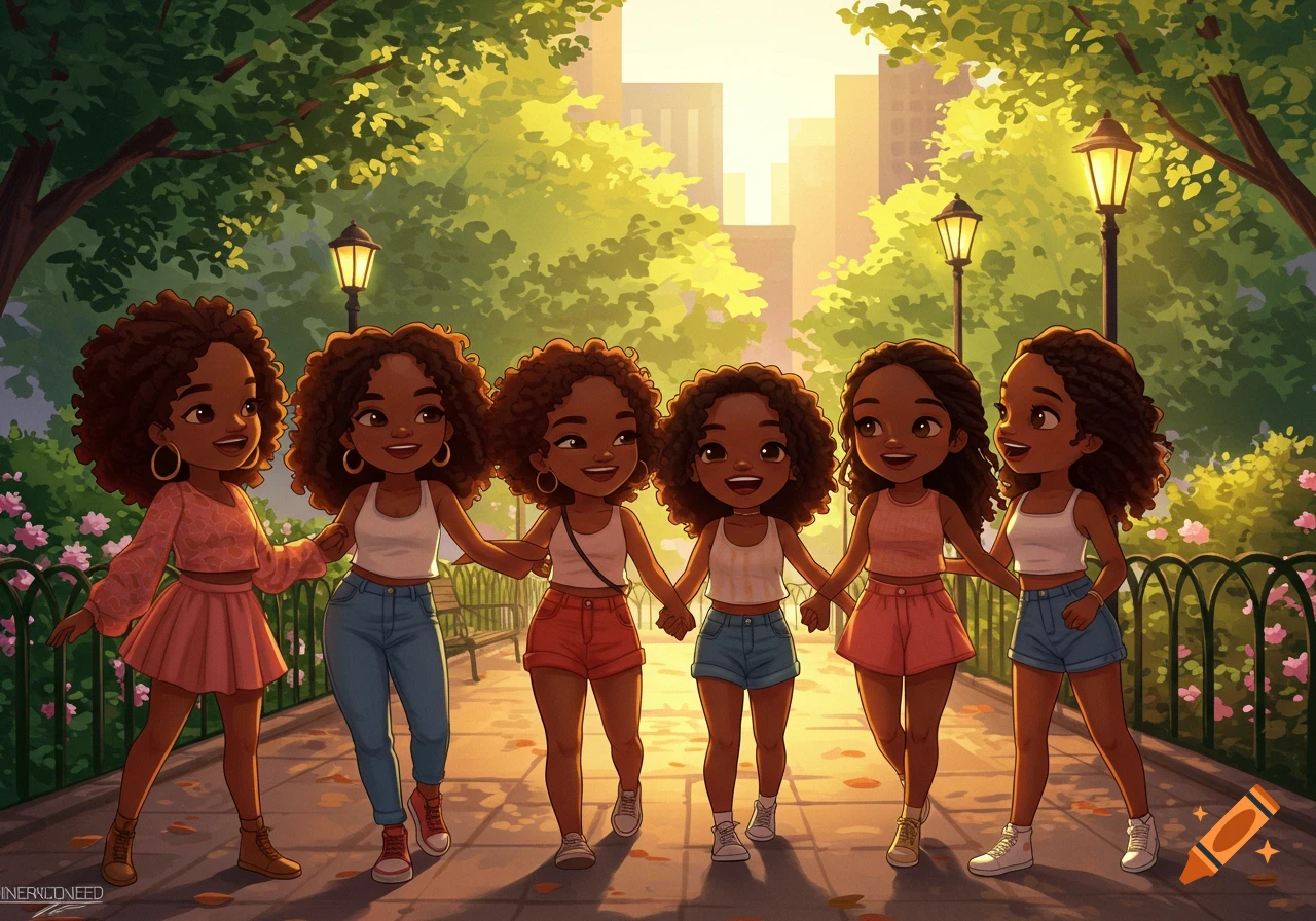 Six cute Black girls with curly hair, in cartoon style, holding hands and walking on a path in a sunny park with city buildings in the background.