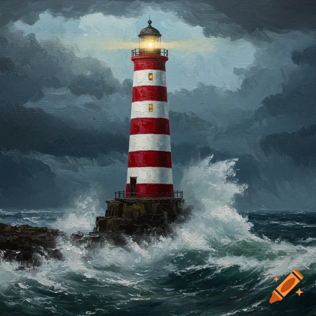 Oil painting of a red and white striped lighthouse on a rocky outcrop amidst a turbulent, stormy sea under dark, cloudy skies.