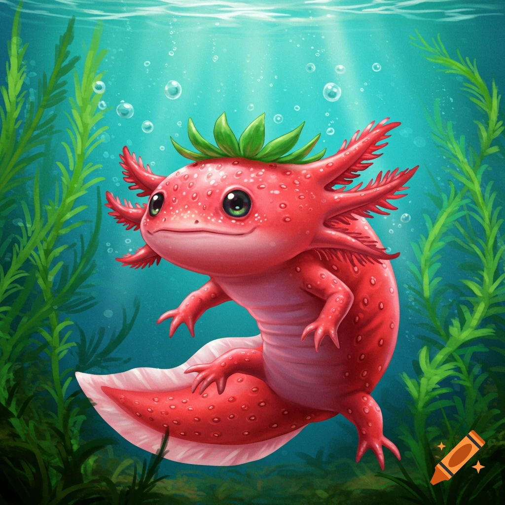 A cute, red axolotl with green strawberry leaves on its head and white speckled skin swims underwater among green seaweed and bubbles.