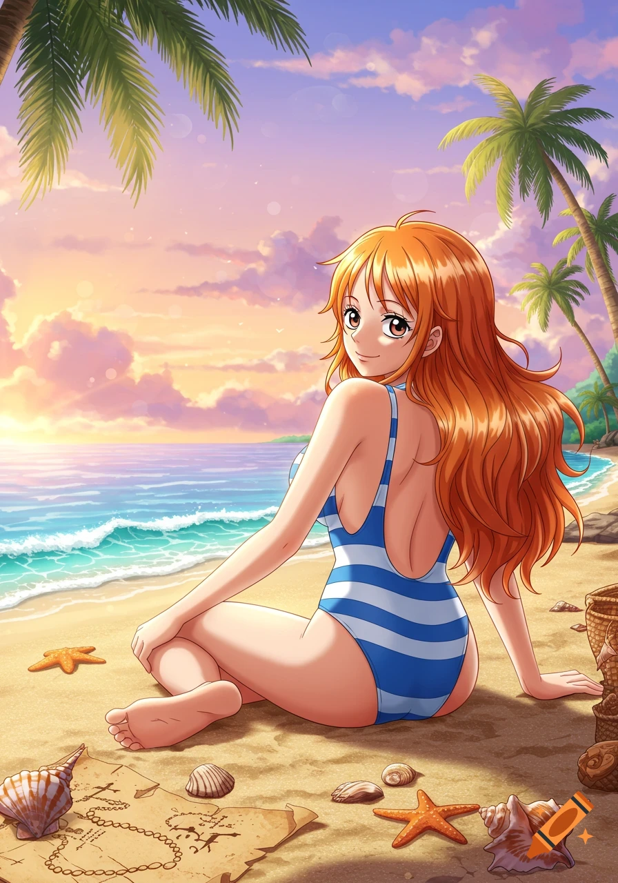 Anime girl Nami in a blue and white striped swimsuit sits on a sandy beach looking back, with palm trees and a sunset ocean in the background.