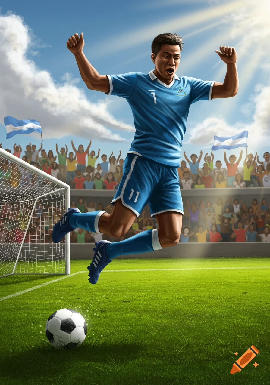 A Nicaraguan soccer player in a blue uniform jumps in celebration on a field with a soccer ball, while fans cheer.