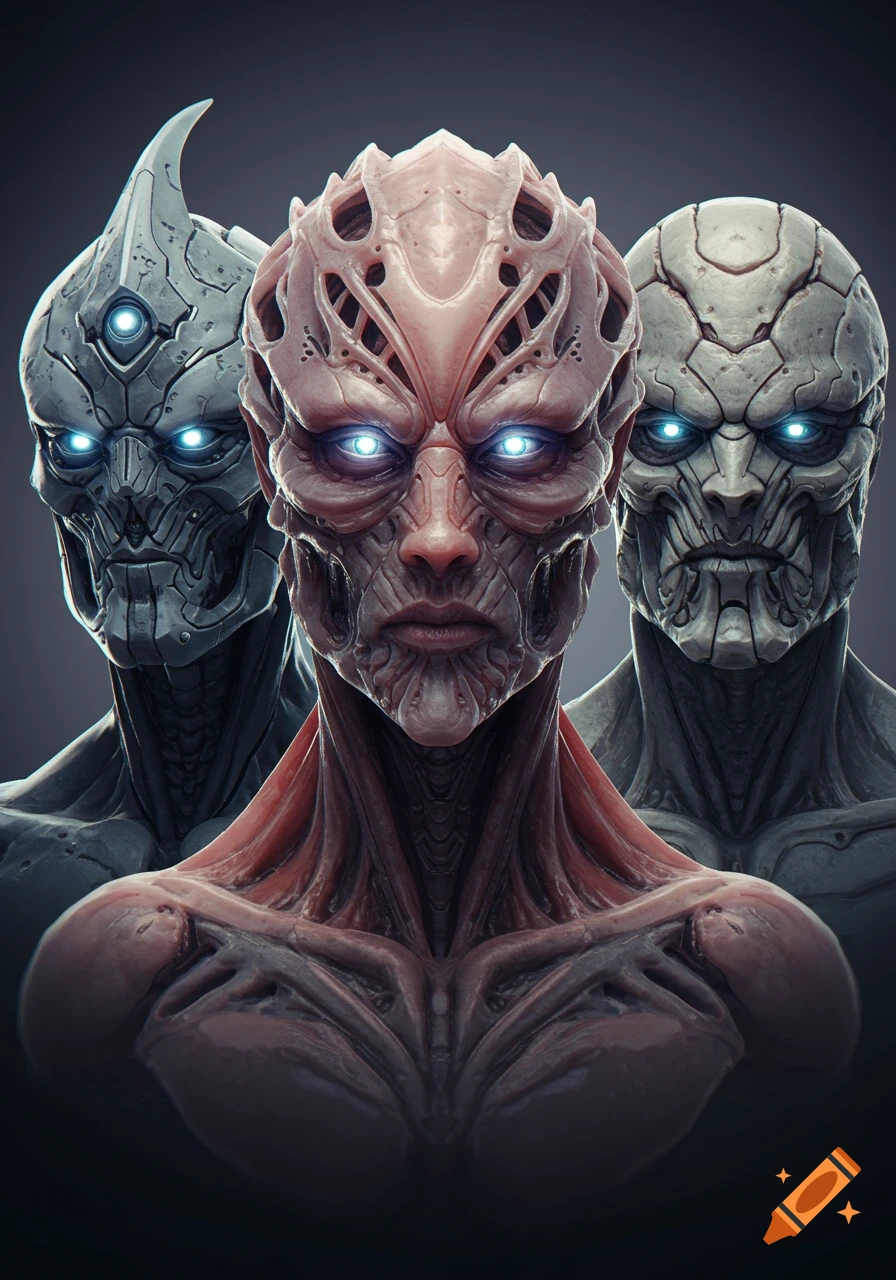 Three detailed biomechanical alien beings with glowing blue eyes, inspired by HR Giger, against a dark background.