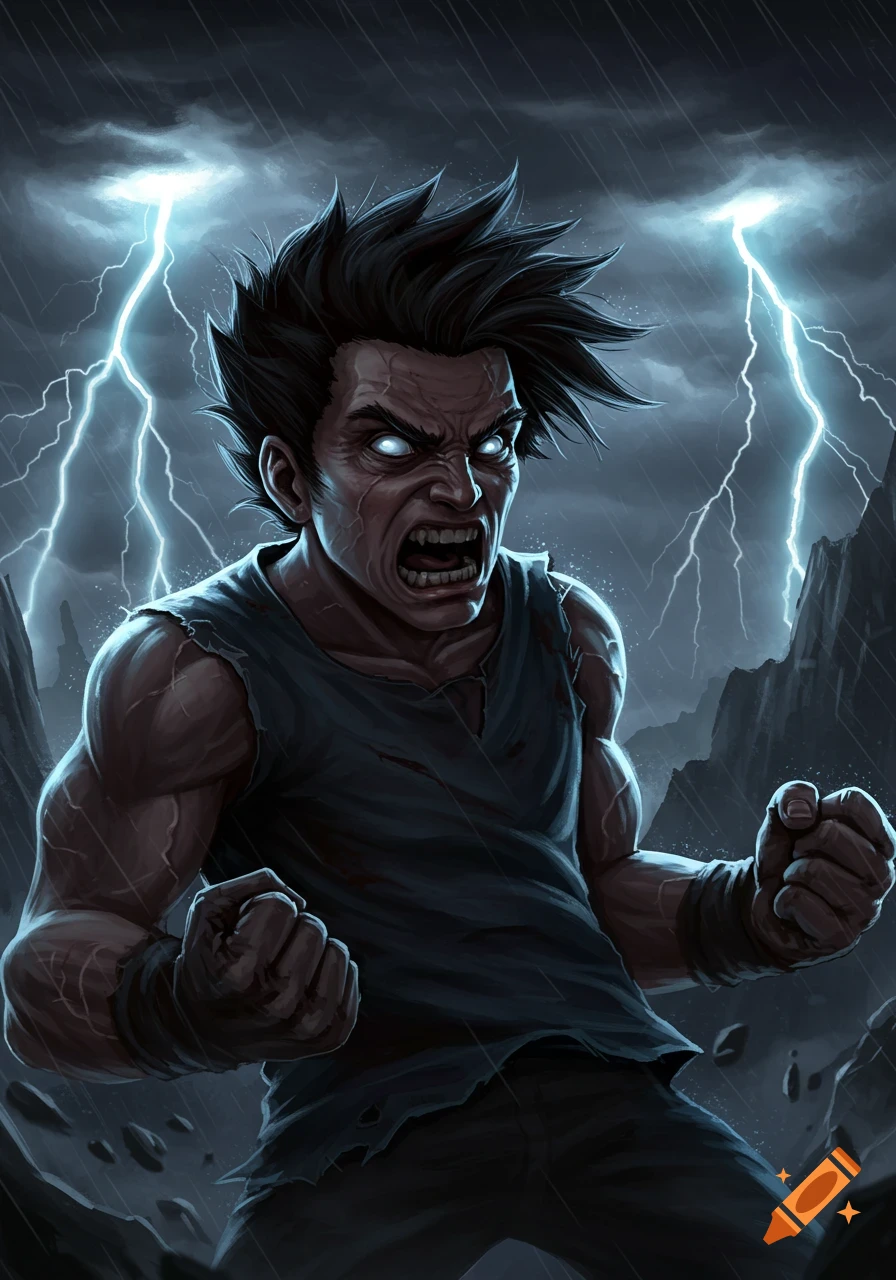 An angry, stylized man with glowing eyes and spiky hair screams and clenches his fists in a rainstorm with lightning.