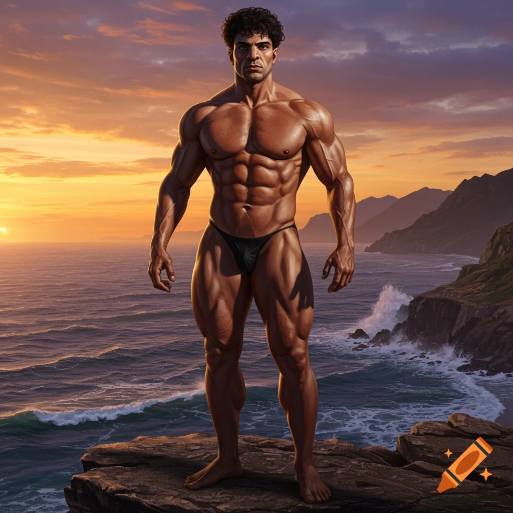 Muscular man in a black posing brief stands on a rocky cliff overlooking a photorealistic sunset ocean.