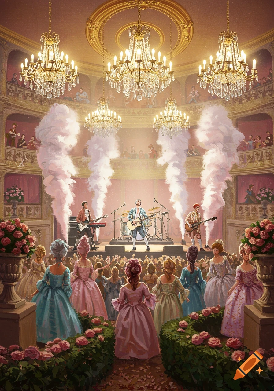 A band performs on stage in an opulent rococo theater with chandeliers, smoke, and an audience in period dress, in a painting style.