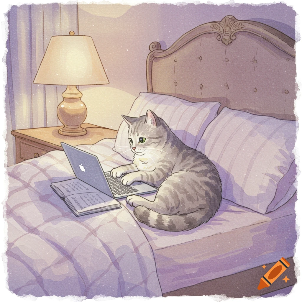 A tabby cat sits on a bed, looking at an open laptop with a book beside it, in a watercolor style.
