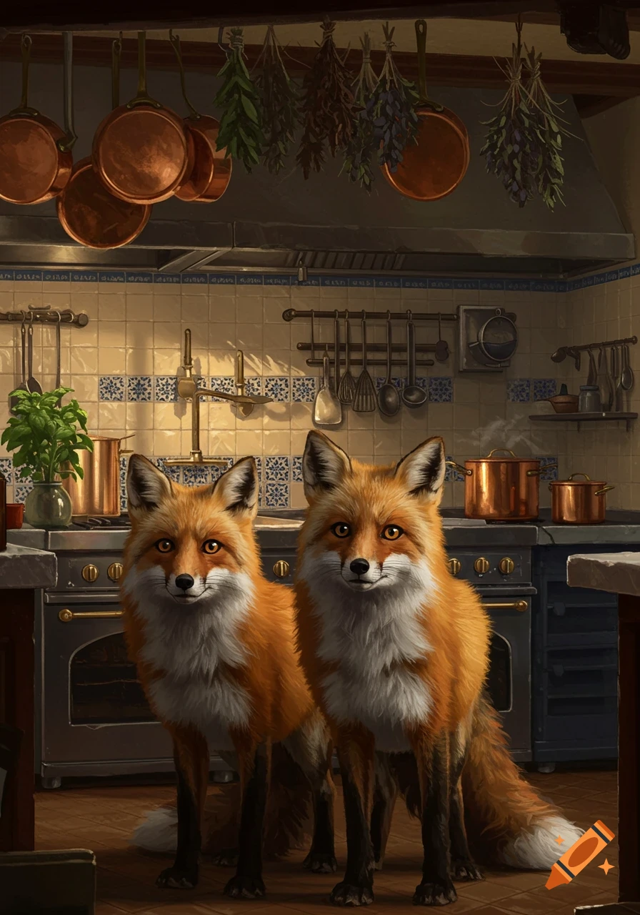 Two realistic foxes stand in a fancy kitchen with copper pots and dried herbs hanging. Digital painting style.