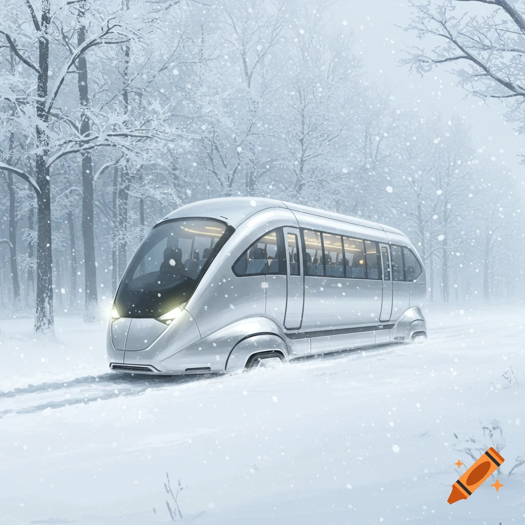 A futuristic silver people transporter drives through a snowy forest during a snowfall, leaving tracks in the deep snow.