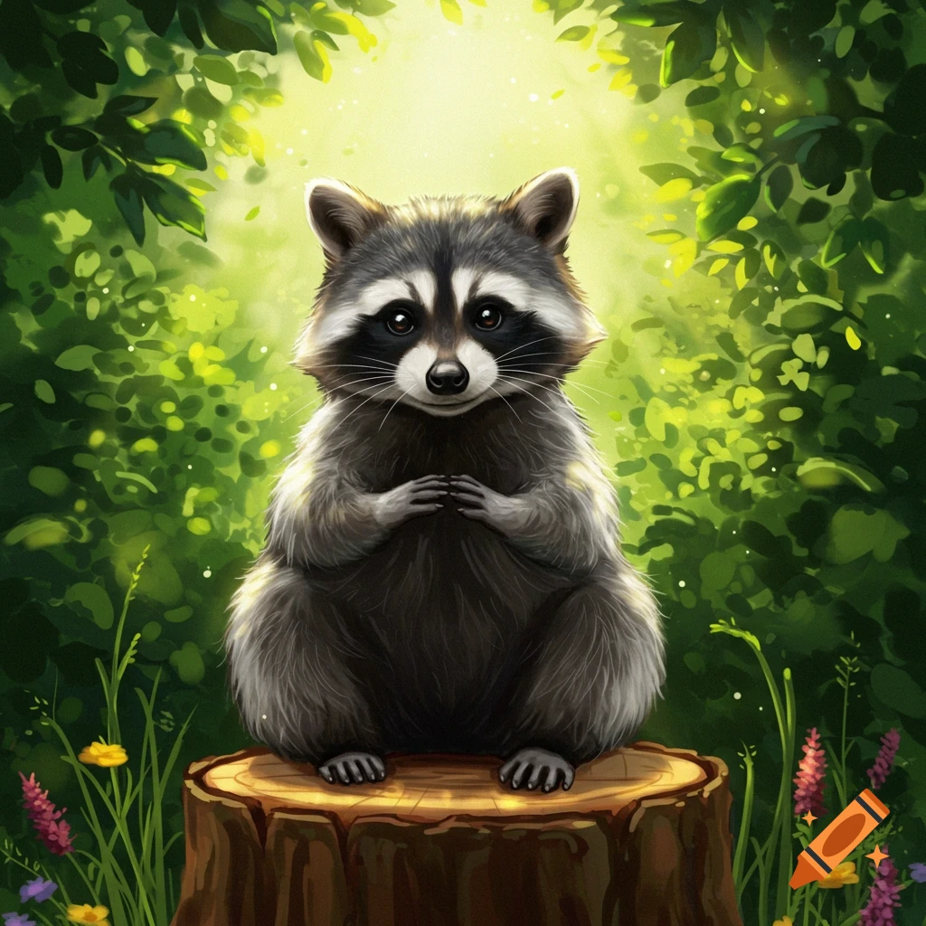 An illustration of a fluffy raccoon sitting on a tree stump in a sunlit green forest.