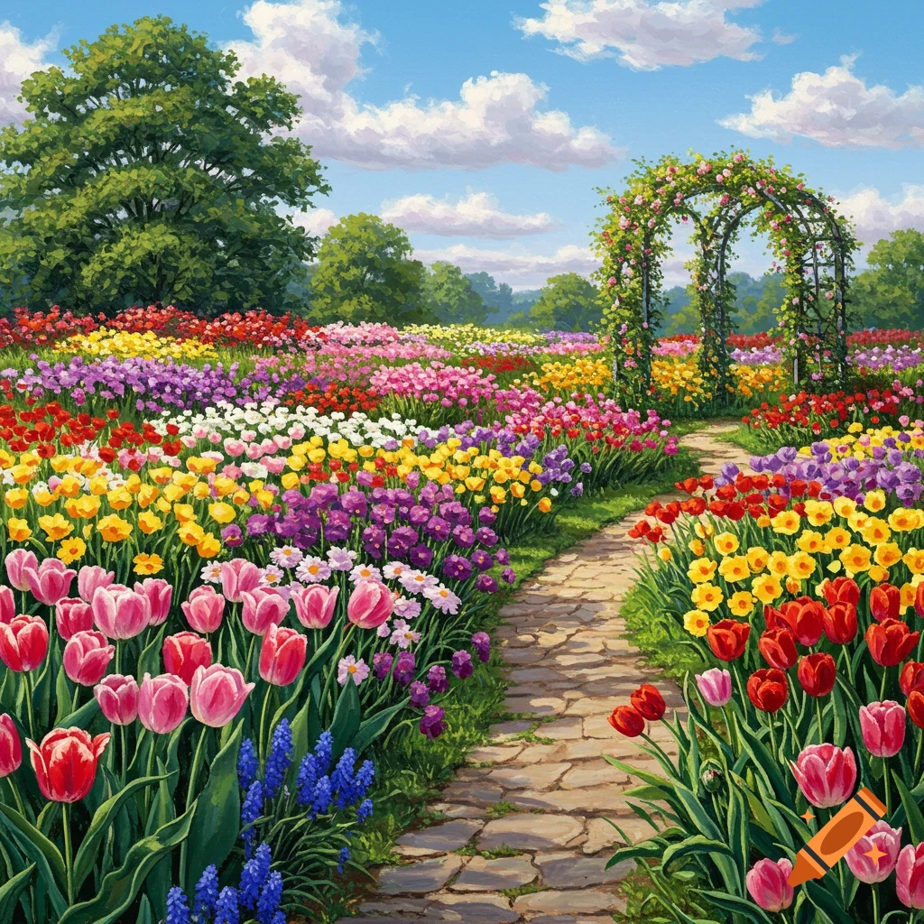 Vibrant digital painting of a colorful flower garden with a stone path leading to an arched trellis.