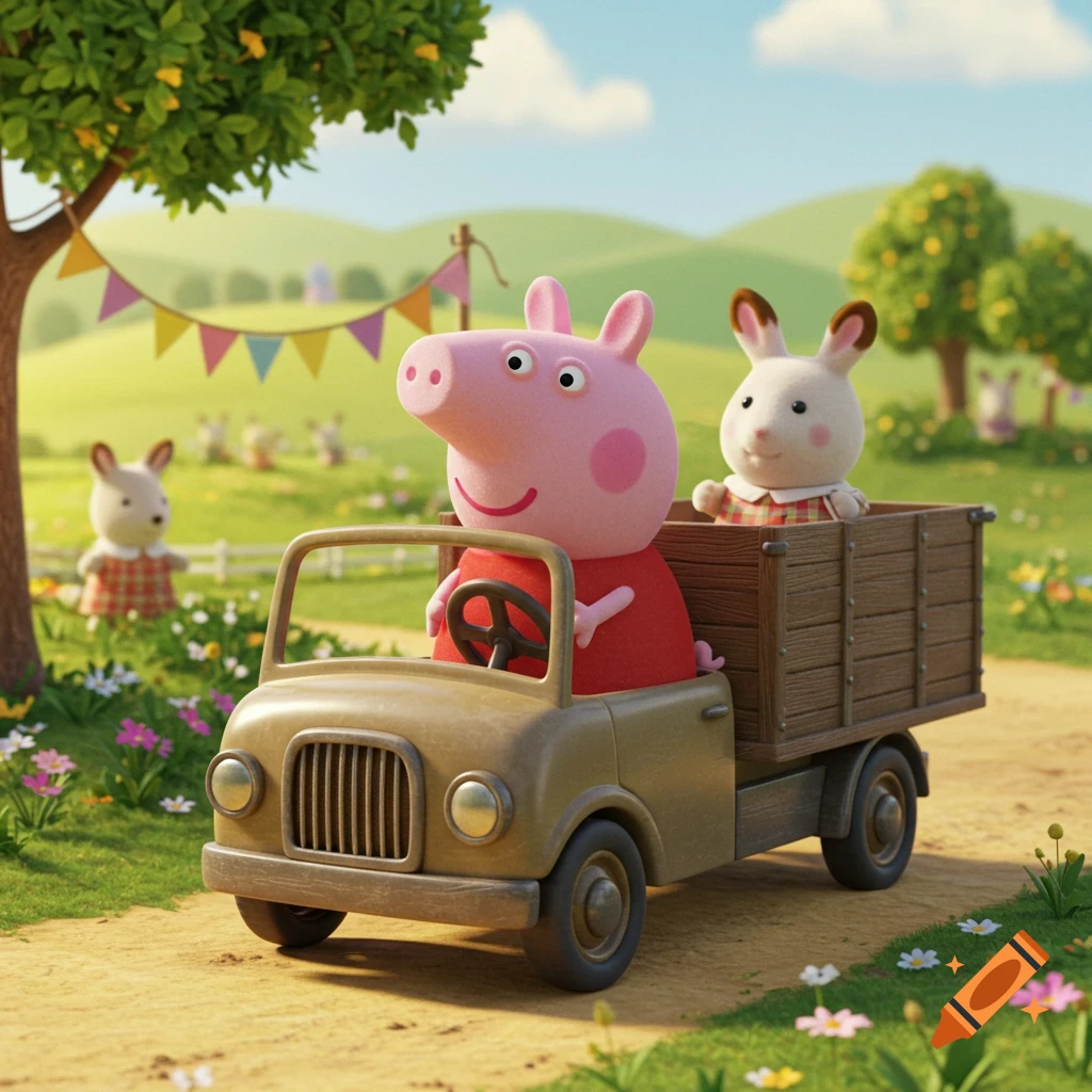 Peppa Pig and a Sylvanian rabbit drive a truck through a vibrant, sunny countryside scene with trees and flowers.