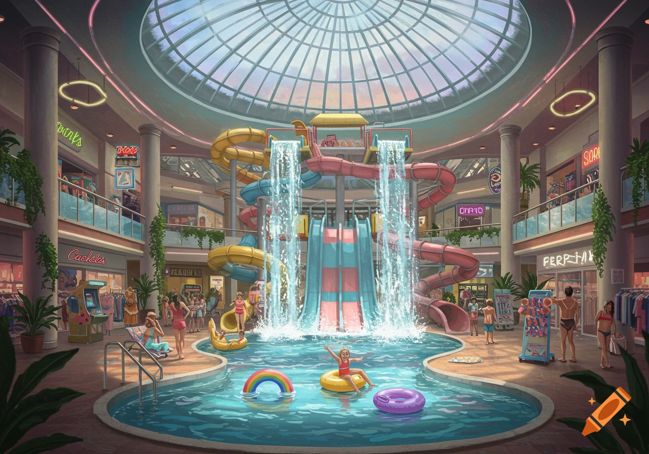 Vibrant retro 1980s-style mall with an indoor waterpark, slides, a pool, and people swimming and relaxing.