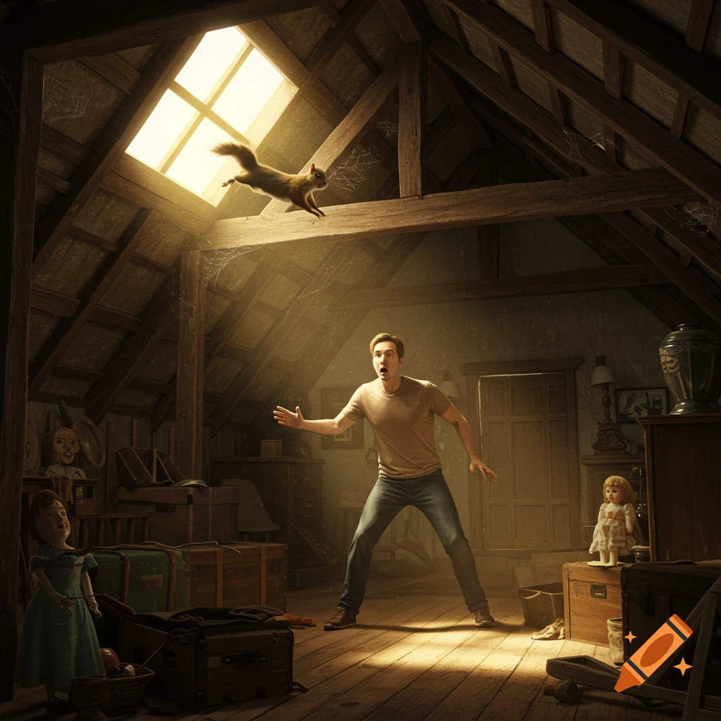 A surprised man watches a squirrel leap from dusty attic rafters. Sunlight beams through a skylight, illuminating old items.