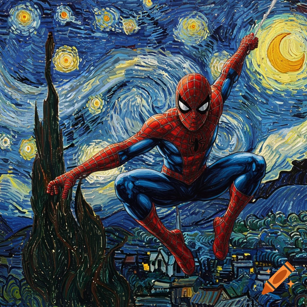 Spider-Man swings over a city in a vibrant painting in the style of Van Gogh's The Starry Night.