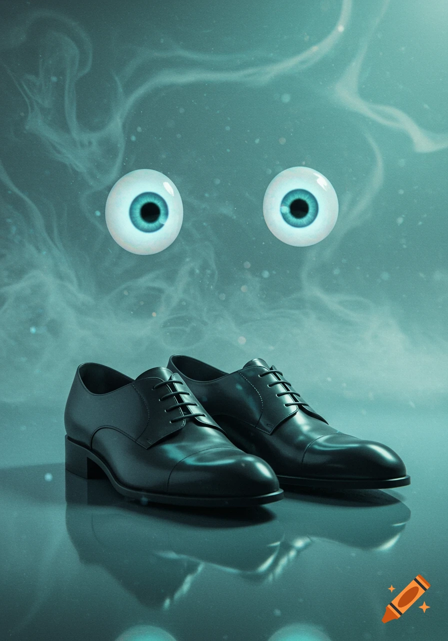 Two black dress shoes with two large, realistic floating eyeballs above them, set against a dark teal, smoky, surreal background.