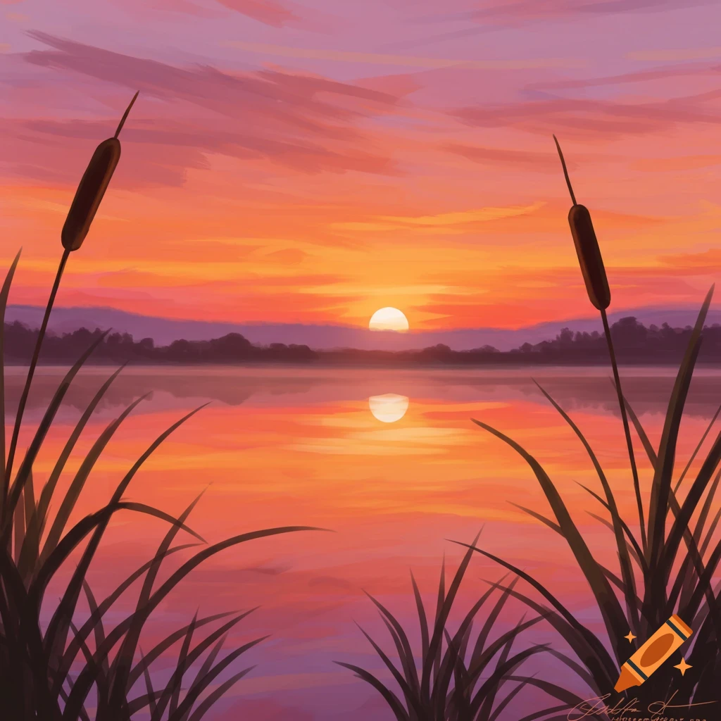 Painting of a brilliant sunset over a calm lake, with cattails silhouetted in the foreground.