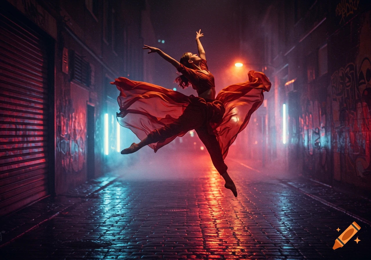 A dancer in a red outfit leaps gracefully in a dark, wet urban alley illuminated by red and blue neon lights.