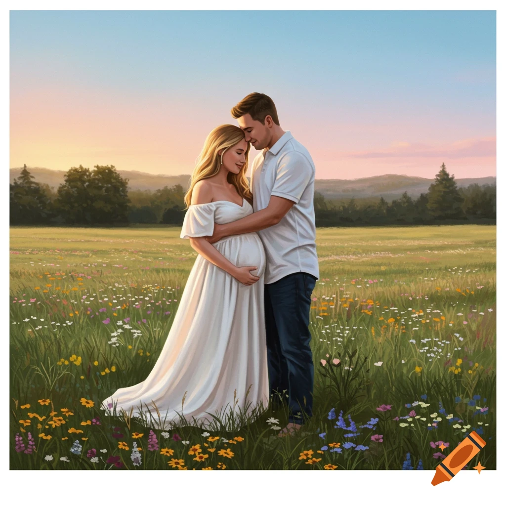 A pregnant woman in a white dress embraces her husband in a field of wildflowers at sunset, in an illustrative style.