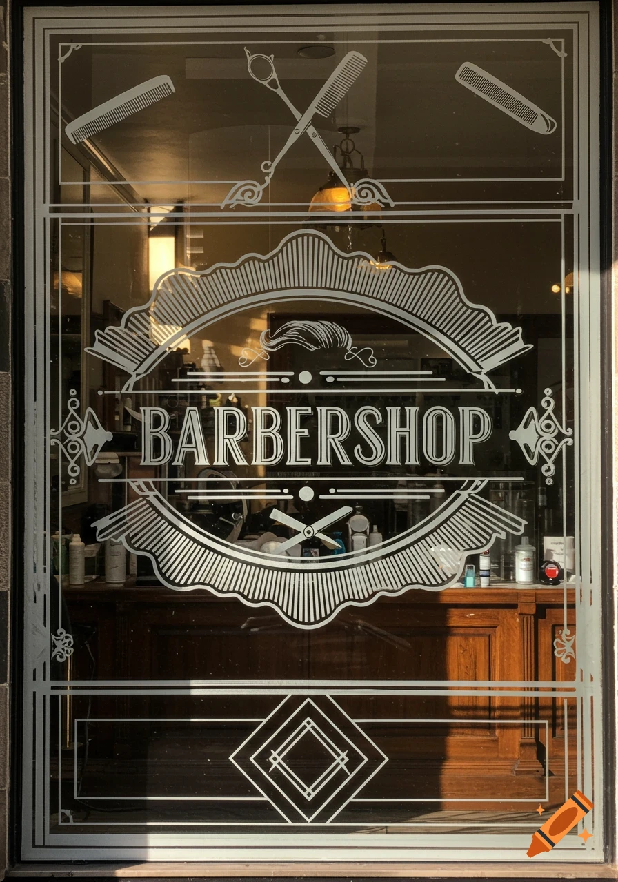 White design of a barbershop sign with scissors and combs on a glass window, showing the interior reflection.
