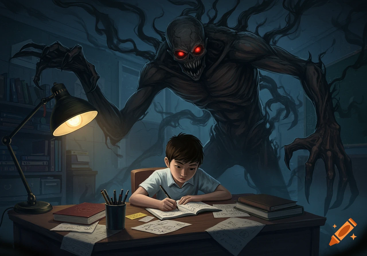 An illustration of a young boy writing in a notebook at his desk with a lamp, while a shadowy, skeletal monster with glowing red eyes looms menacingly behind him.