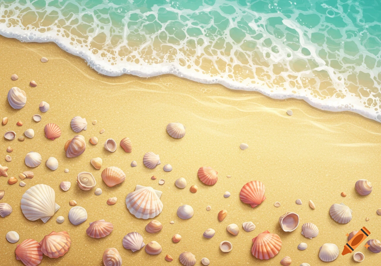 Top-down view of a sandy beach scattered with various seashells as turquoise ocean waves wash ashore.