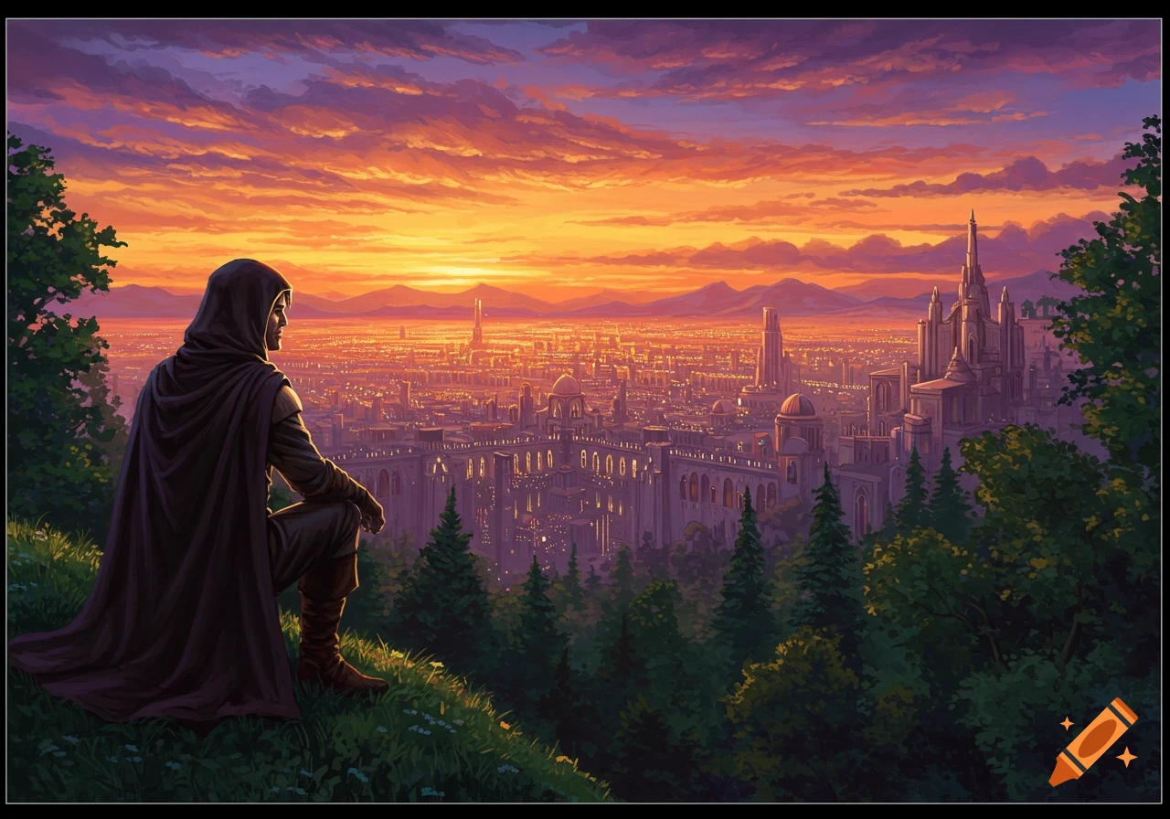 A hooded figure views a sprawling futuristic city from a forested hill at sunset, illustrated fantasy art.