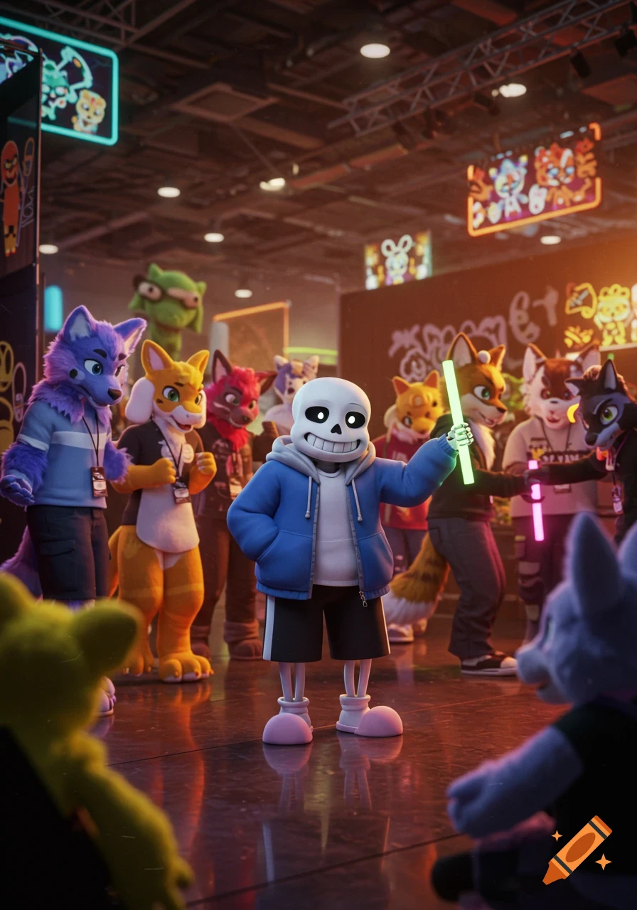 Sans the skeleton character stands in a crowded, vibrant furry convention, holding a glowing green stick, surrounded by various anthropomorphic animal characters.