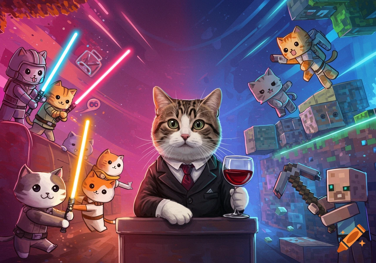 A cartoon illustration showing a realistic cat in a suit holding wine, surrounded by other cartoon cats in Star Wars and Minecraft outfits with lightsabers and pickaxes against a vibrant pink and blue background.