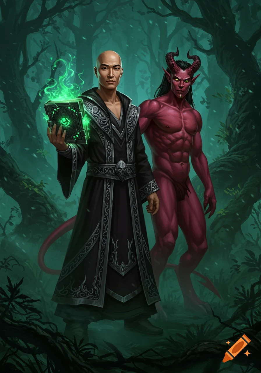 A bald warlock in a black robe holds a glowing grimoire next to a red-skinned, horned incubus in a dark, misty forest. Digital art.