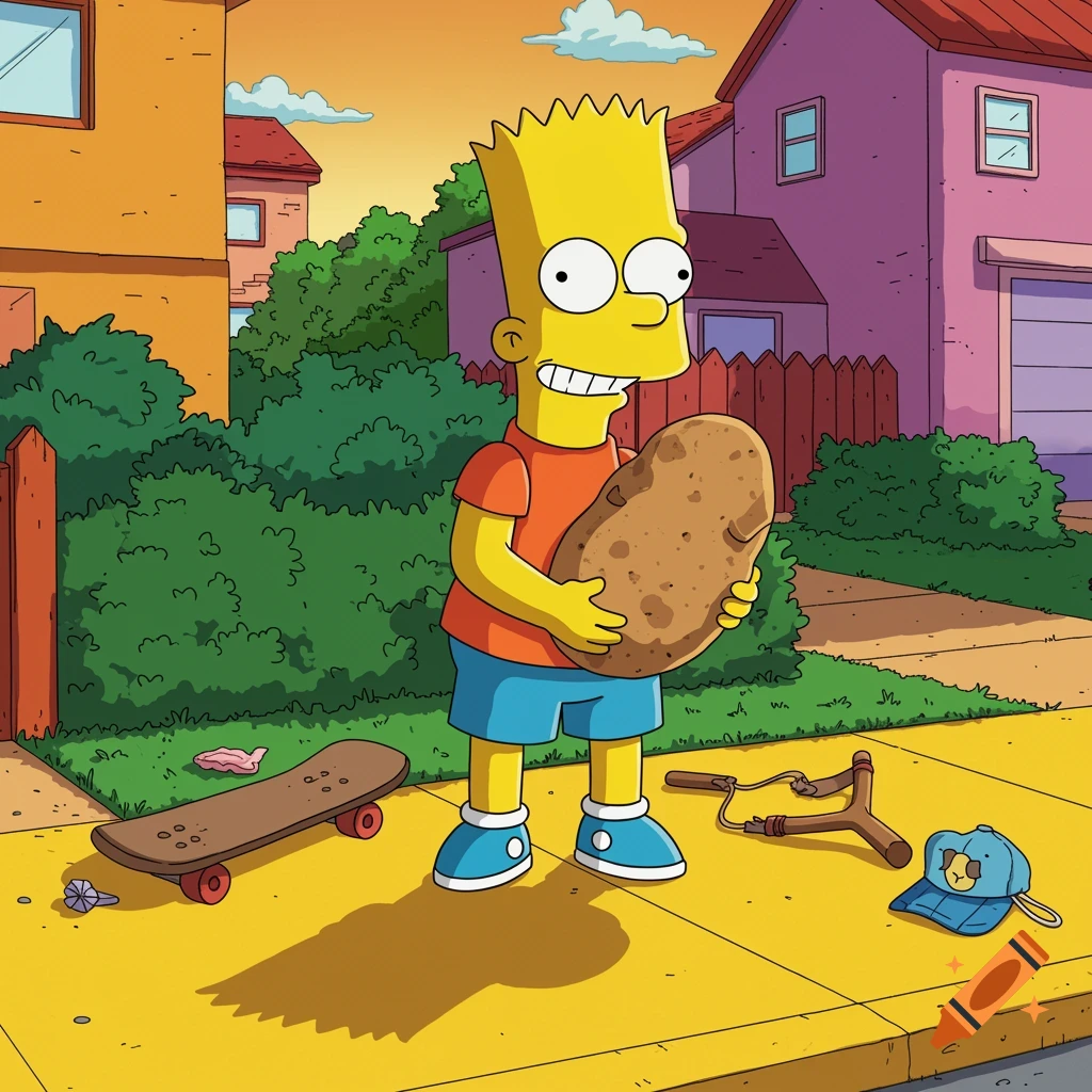 Bart Simpson stands on a sidewalk holding a giant potato, with a skateboard, slingshot, and hat nearby, in a cartoon style.