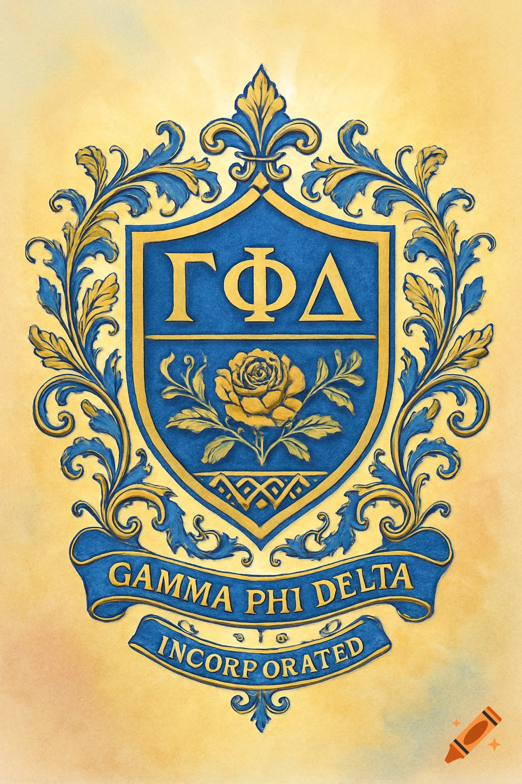 A blue and gold crest featuring Greek letters "" and a rose, surrounded by ornate foliage, with banners stating "GAMMA PHI DELTA INCORPORATED".