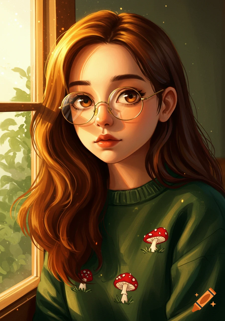 A cartoon girl with long brown hair, round gold glasses, and a green mushroom sweater looks out a sunlit window.
