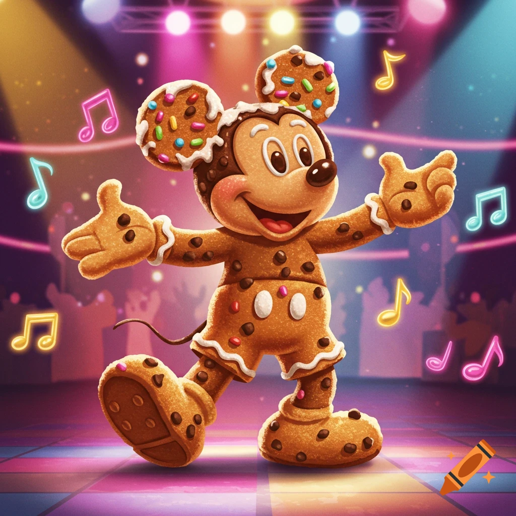Mickey Mouse dressed as a chocolate chip cookie dances in a vibrant disco setting with colorful lights and musical notes.