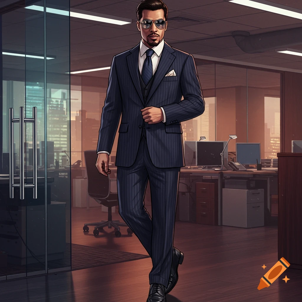 Illustrative man in a pinstripe suit and sunglasses walking through a modern office.